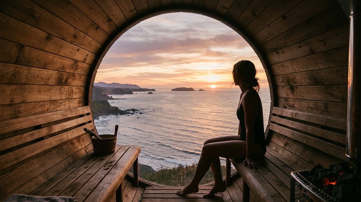 Une personne assise dans le sauna, face à une grande fenêtre ronde ouverte sur l’océan