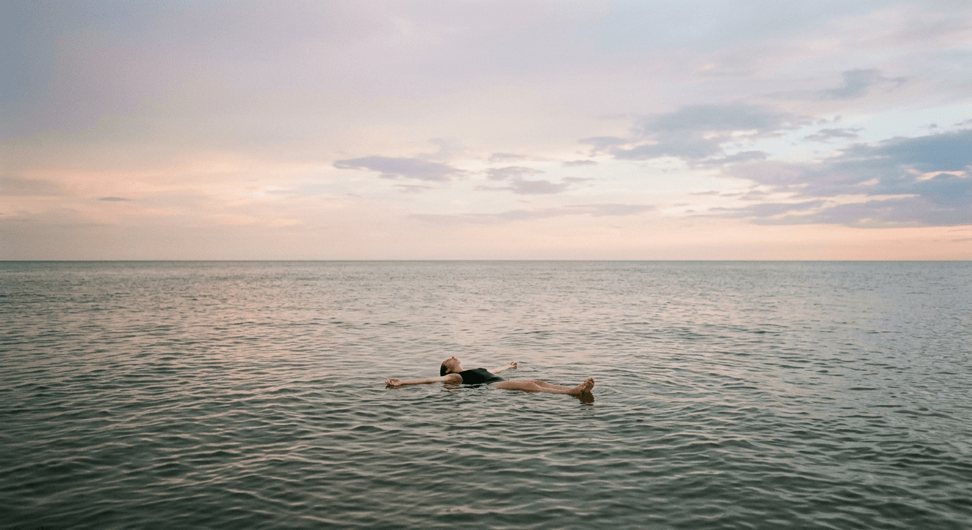 Une personne flottant sur le dos dans l’océan au crépuscule, bras ouverts