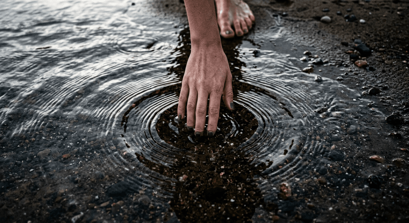 Une main effleurant une eau froide et claire, créant des ondes concentriques