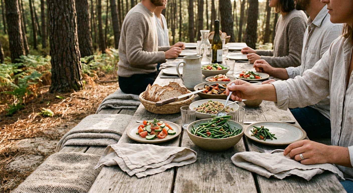 Table en bois dressée pour un repas partagé dans une forêt de pins