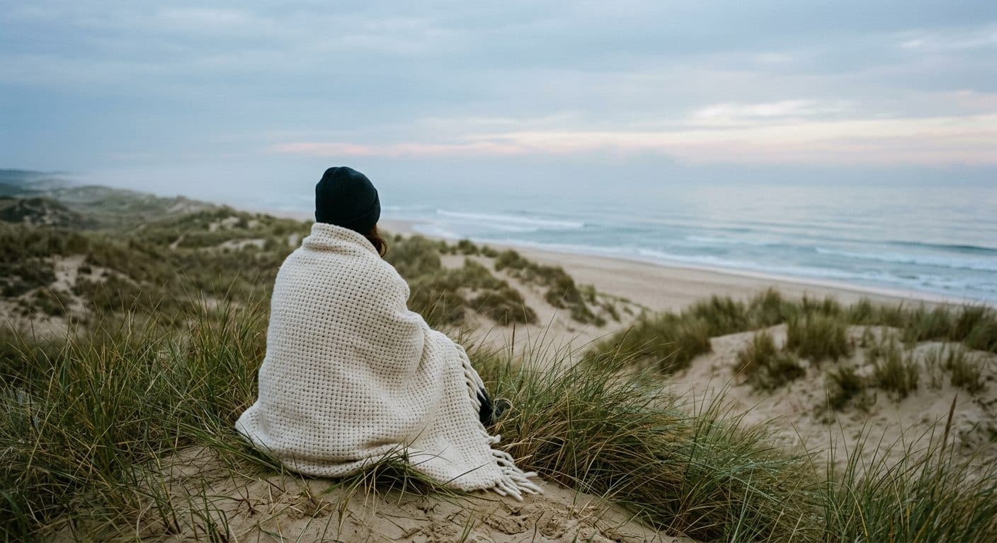 Une personne enveloppée dans une couverture, assise dans les dunes face à l’océan