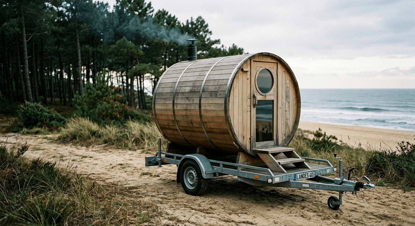 Le sauna tonneau Nomad installé sur sa remorque, garé en lisière de pins face à l’océan