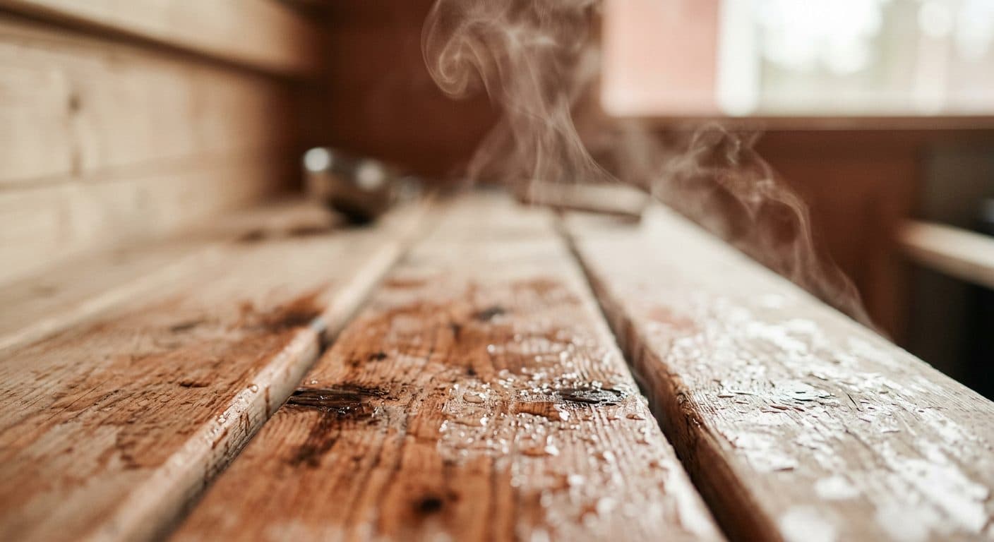 Vapeur légère s’élevant au-dessus de planches de bois chaud