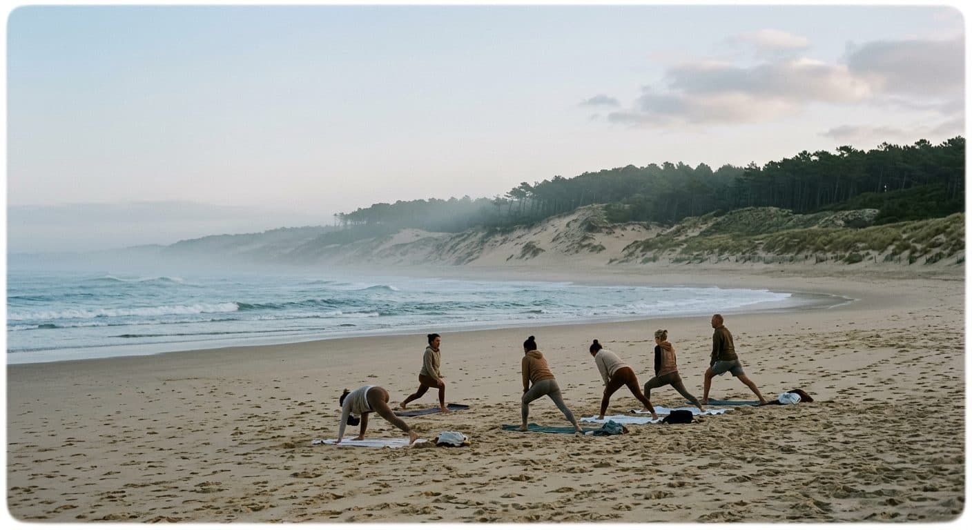 Petit groupe pratiquant le yoga sur une plage des Landes au petit matin